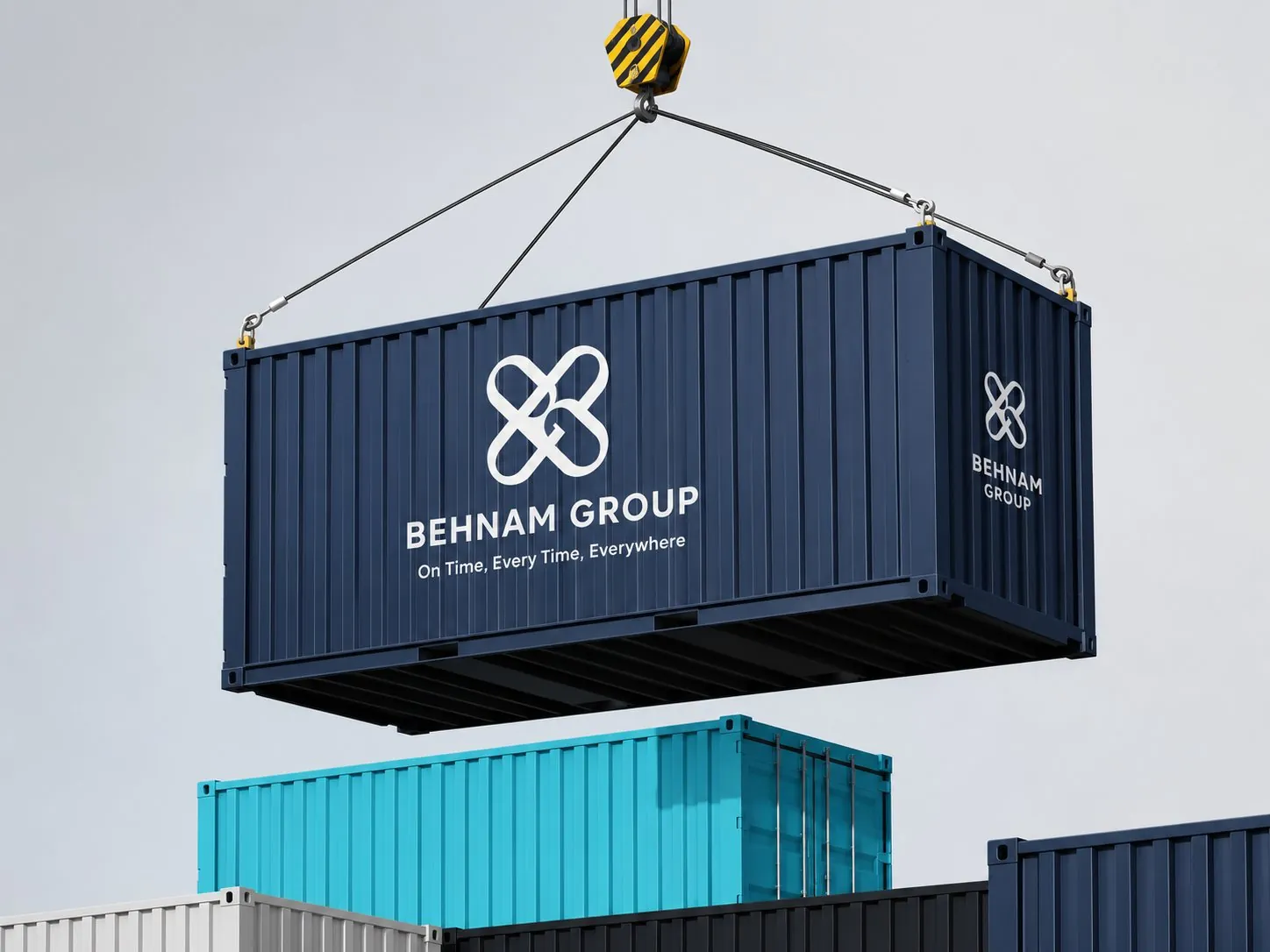 Navy Behnam Group container lifted by a crane hook