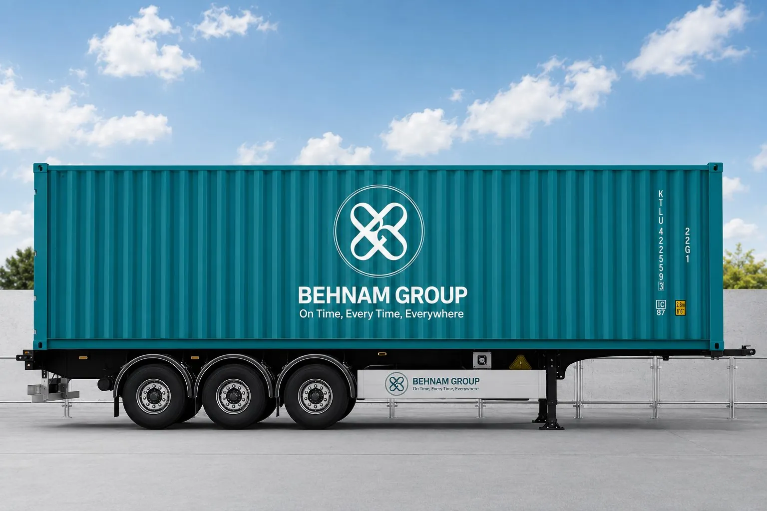 Teal Behnam Group container on a triple-axle trailer